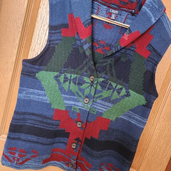 Chaps Navajo Southwestern Sweater Vest Women's Size XL Shawl Neck Button Blue - Picture 2 of 16
